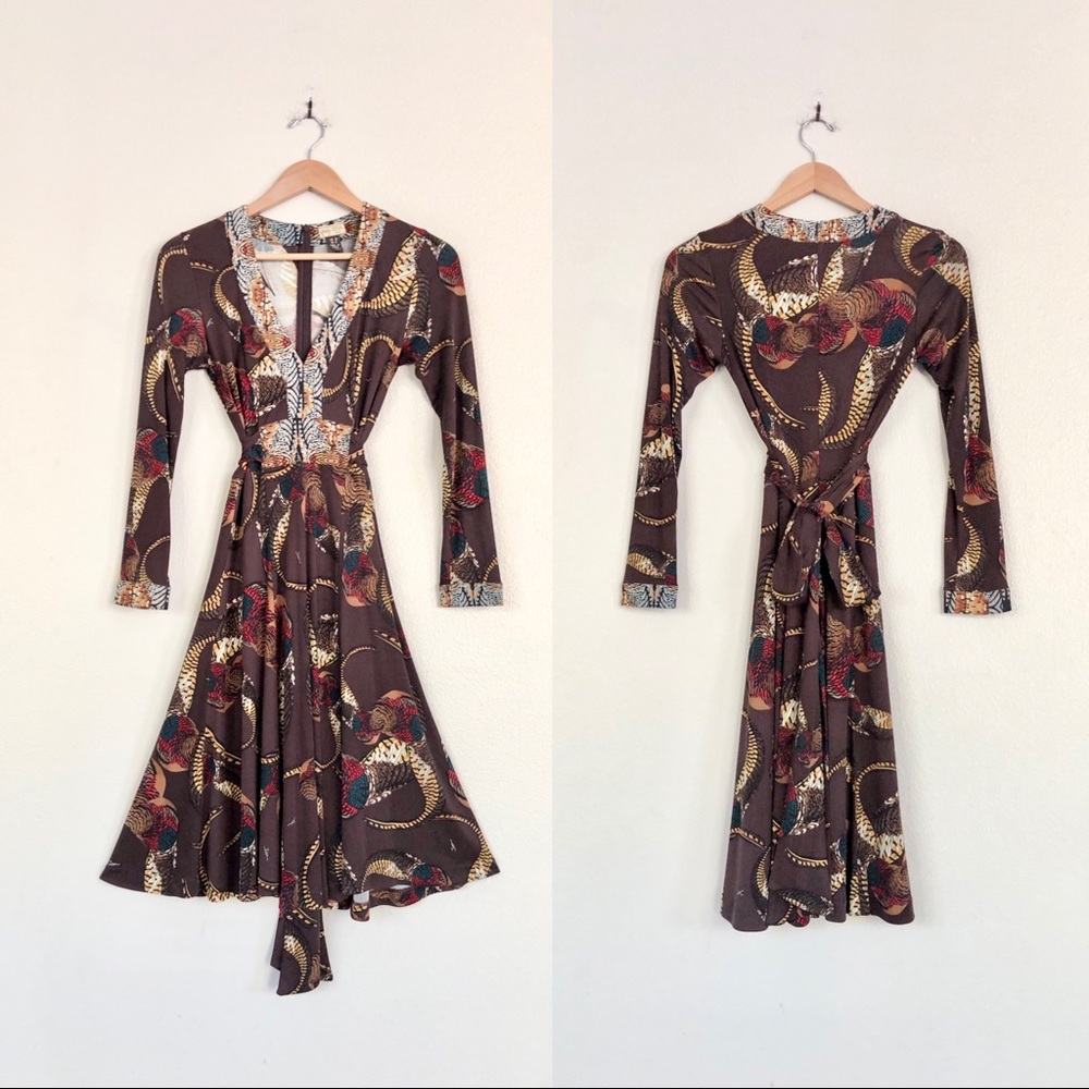 ISSA LONDON 100% Silk Feather Animal Print Brown A-Line Dress